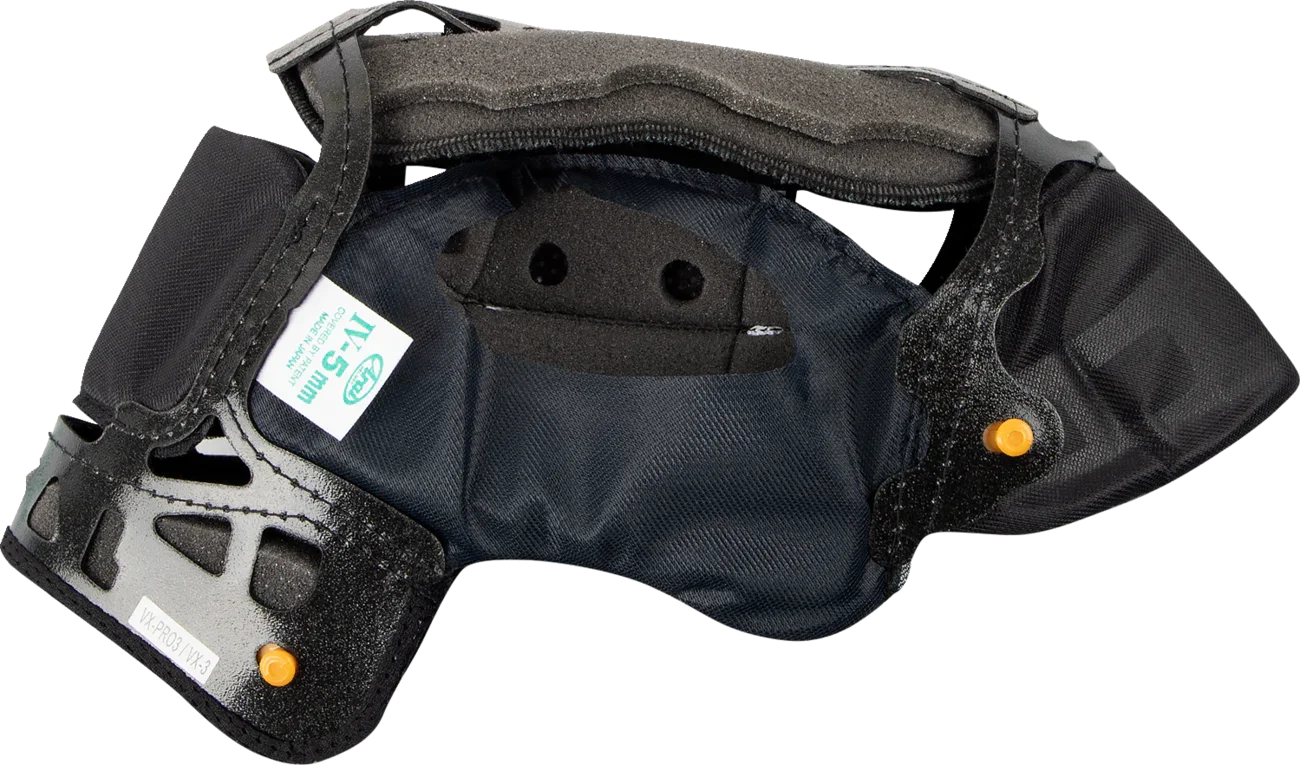 Arai VX-PRO3/VX-3 motorcycle helmet interior with 14.5mm padding, black lining, and orange adjustment knobs
