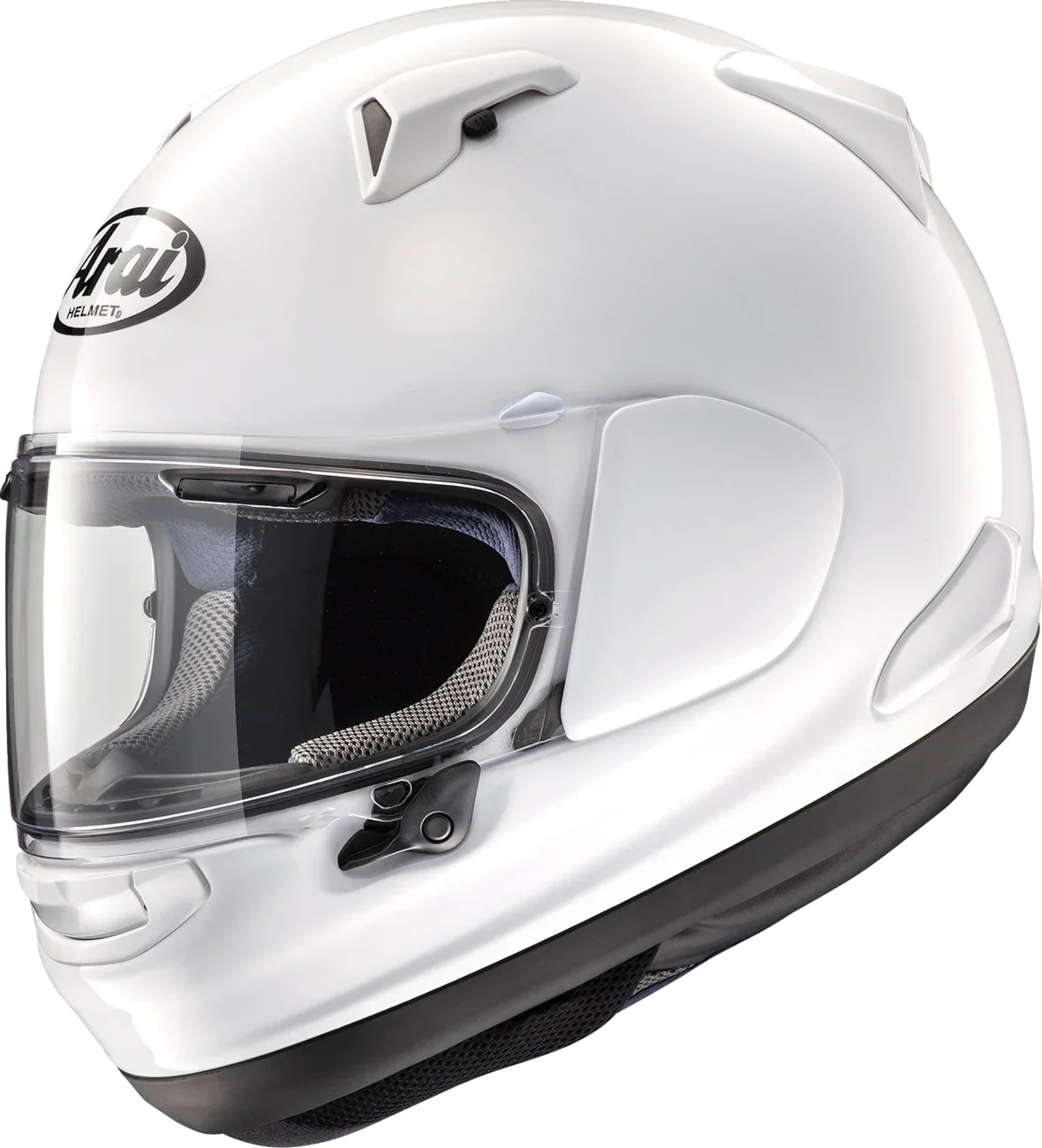 White Arai full-face motorcycle helmet with clear visor and ventilation slots