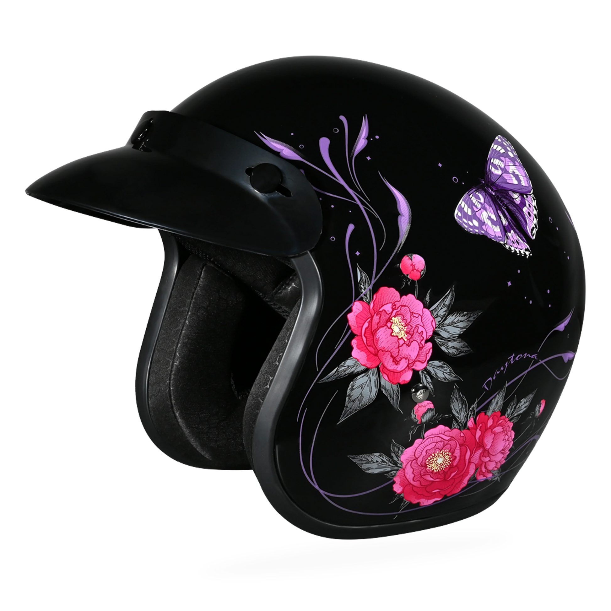 Daytona Helmets DOT Approved Daytona Cruiser Open Face Motorcycle Helmet - Men, Women & Youth - With Visor & Graphics - W/ Butterfly