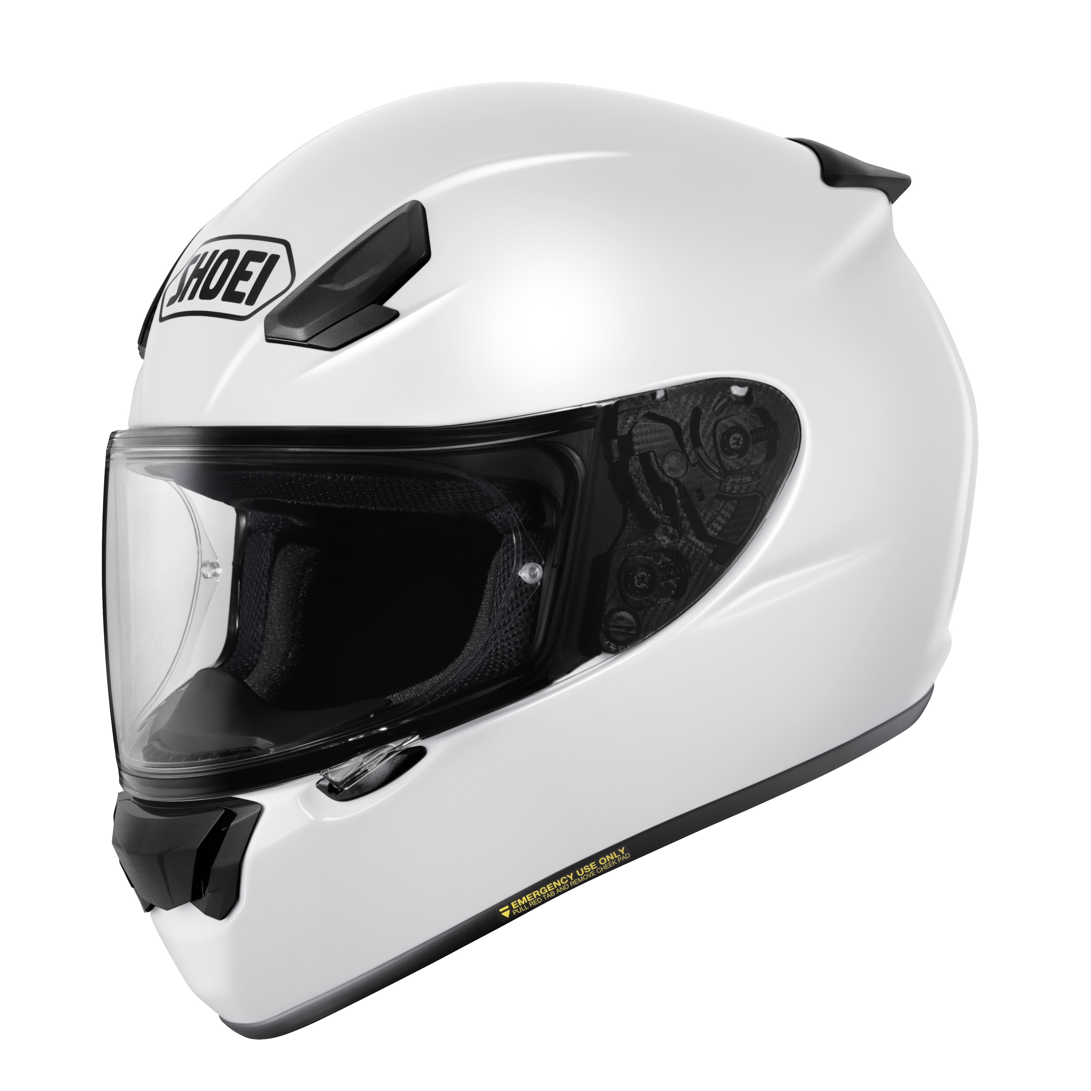 Shoei RF-SR 2 full face motorcycle helmet in gloss White, front three-quarter view with clear CWR-1 shield