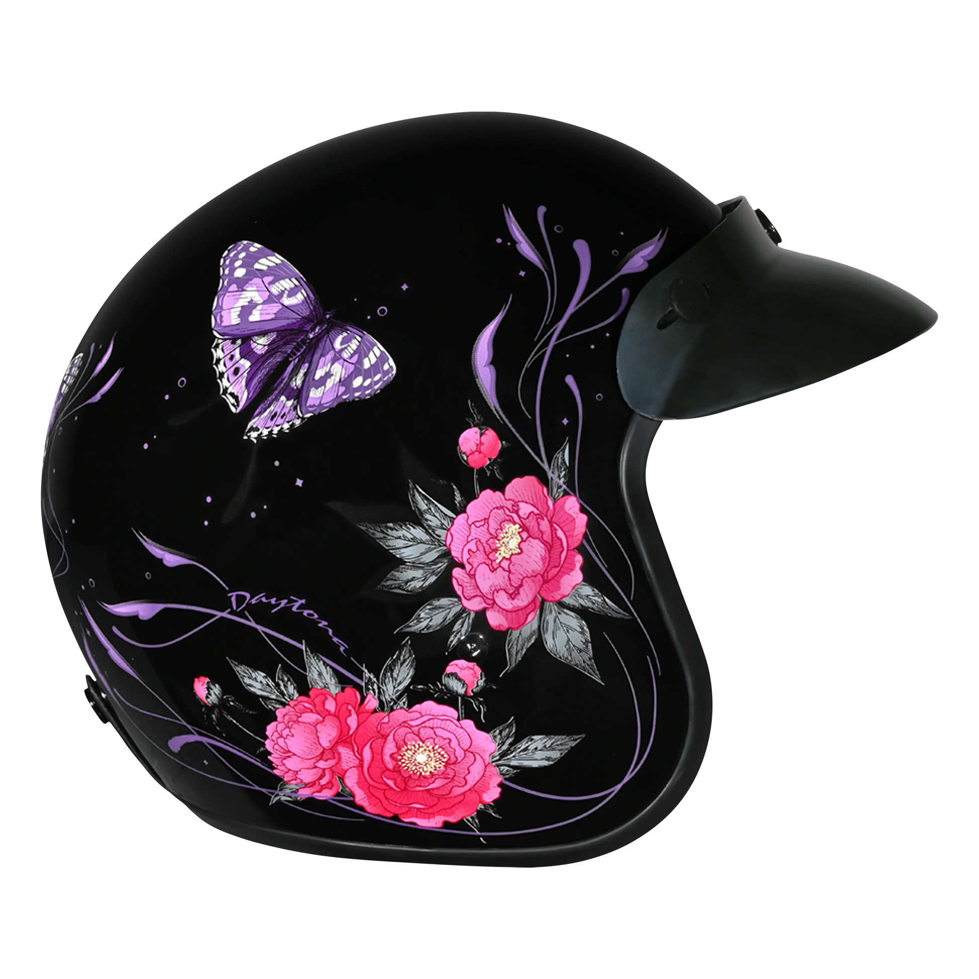 Daytona Helmets DOT Approved Daytona Cruiser Open Face Motorcycle Helmet - Men, Women & Youth - With Visor & Graphics - W/ Butterfly