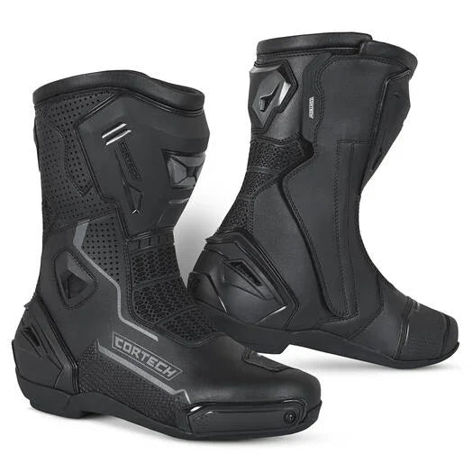 Black Cortech motorcycle boots with protective design and breathable mesh panels