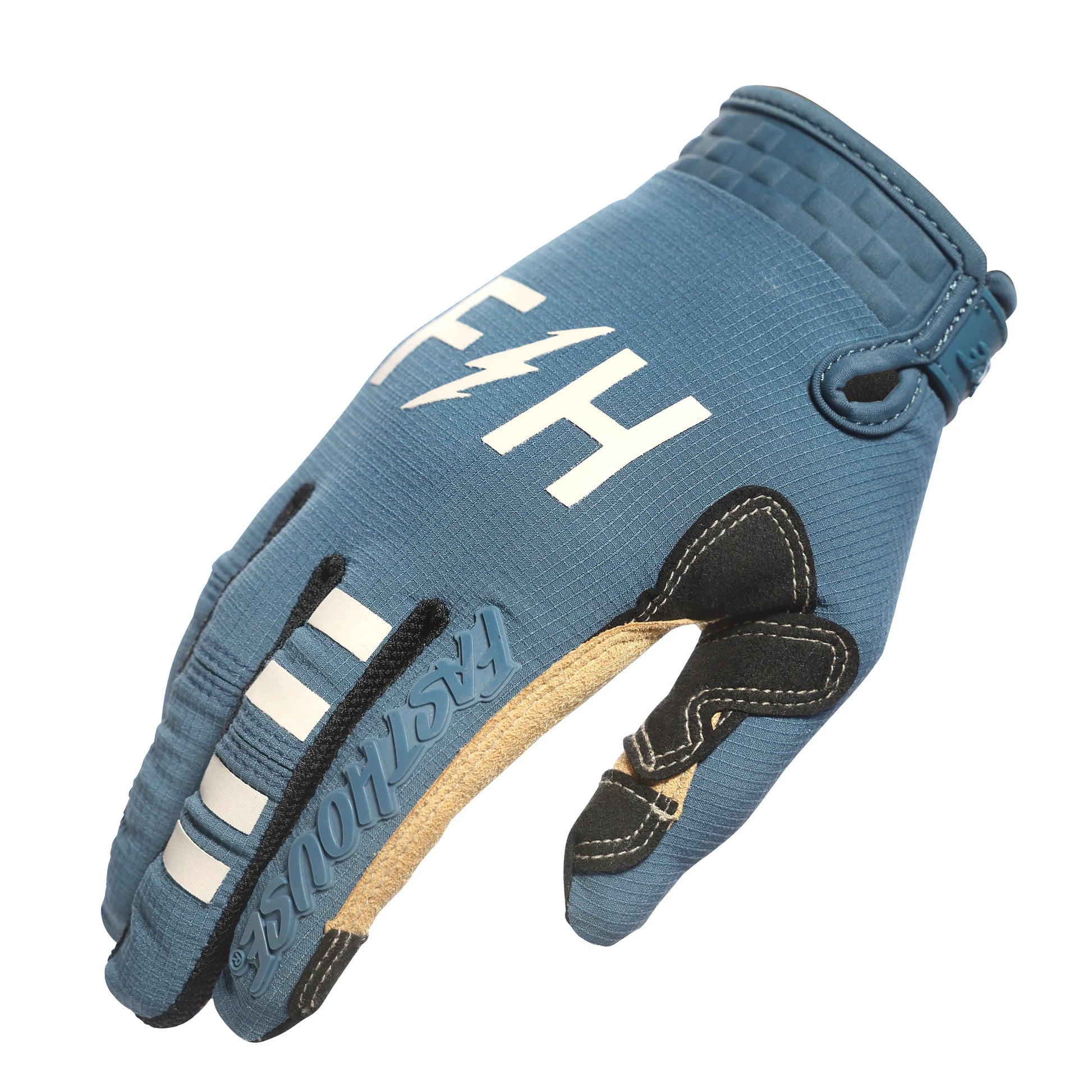 Blue glove with brand logo on a white background