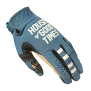 Blue glove with 'House of Good Times' text on a white background