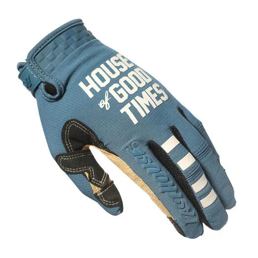 Blue glove with 'House of Good Times' text on a white background