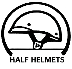 Half motorcycle helmets icon with bold text label for protective gear shopping