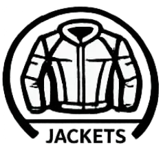 Motorcycle jacket icon with bold 'JACKETS' text, representing protective riding gear for riders.