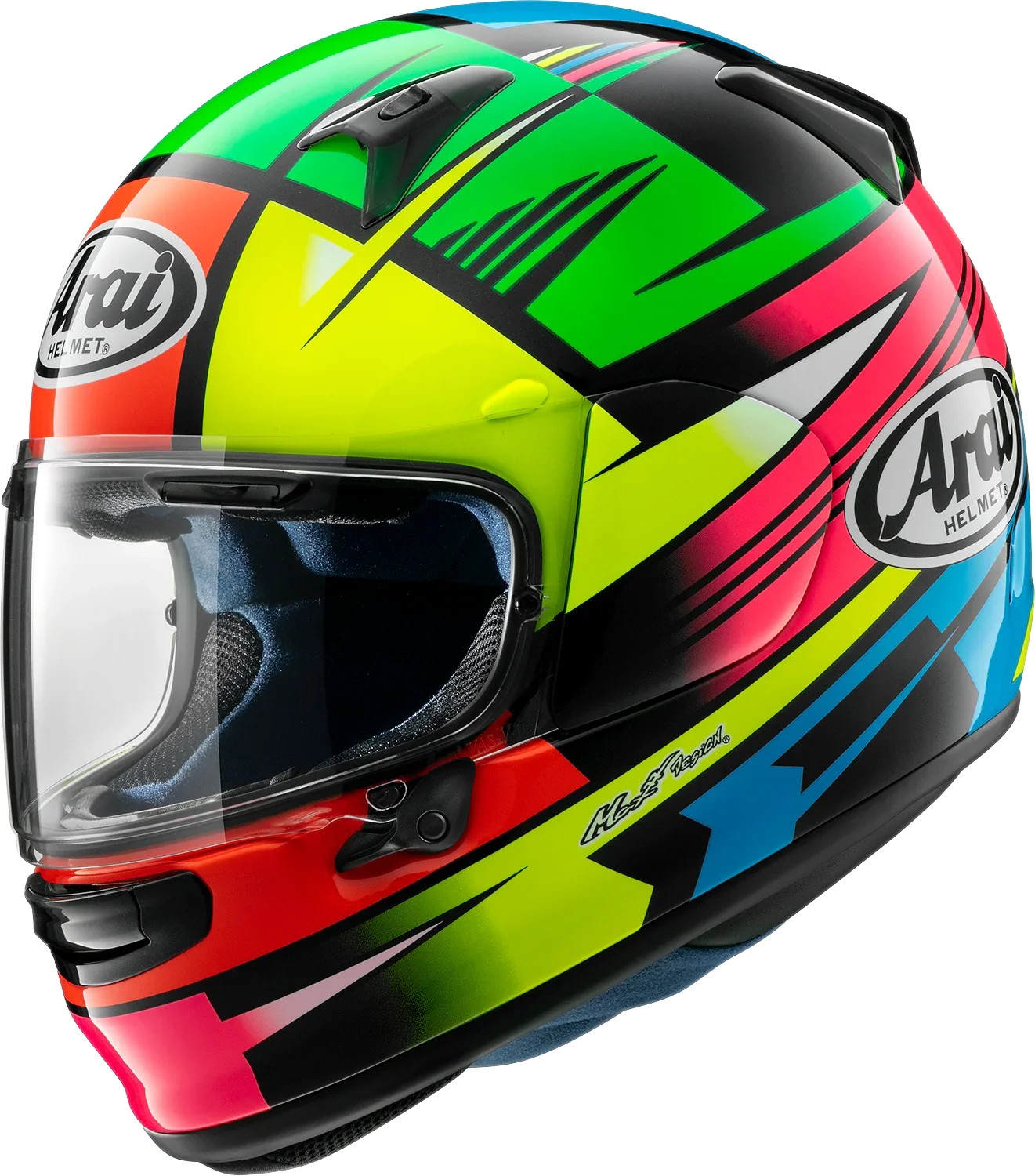 Arai motorcycle helmet with vibrant green, red, blue, and yellow graphics, clear visor, and racing design