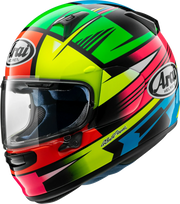 Arai motorcycle helmet with vibrant green, red, blue, and yellow graphics, clear visor, and racing design