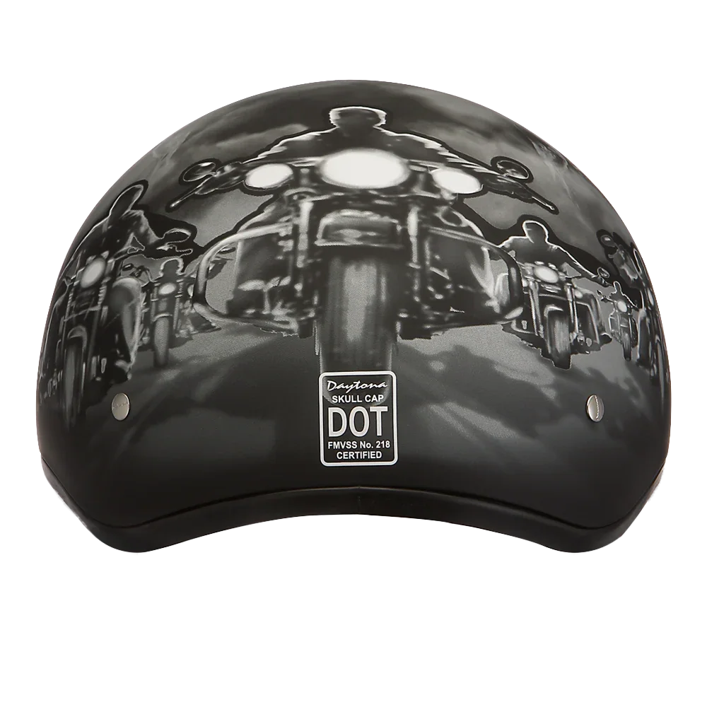 daytona dot skull cap leather motorcycle helmet W/O VISOR - Hi-Gloss Black meeting the minimum liner requirement of 1 inch Daytona Skull Cap Pistons Skull