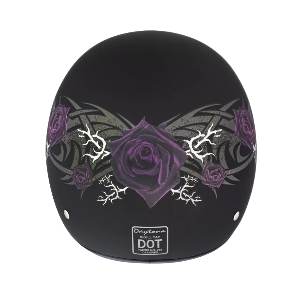 Daytona Helmets DOT Approved Daytona Motorcycle Half Face Helmet - Skull Cap Graphics for Men & Women, Scooters, ATVs, UTVs & Choppers - W/ Purple Rose