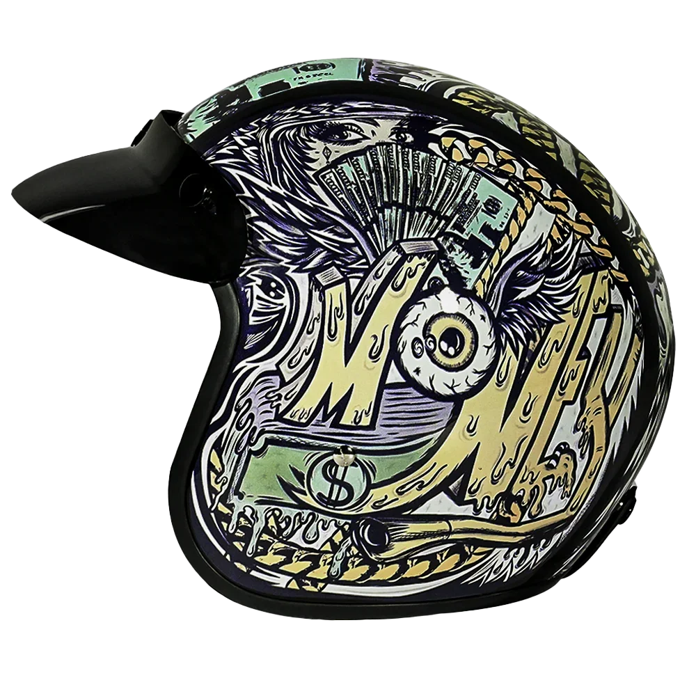 Daytona Helmets DOT Approved Daytona Cruiser Open Face Motorcycle Helmet - Men, Women & Youth - With Visor & Graphics - W/ Money