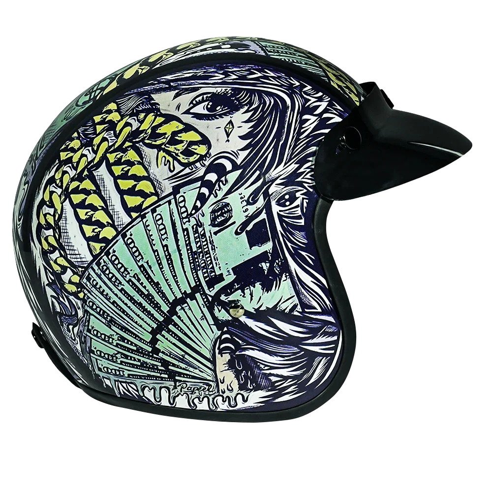 Daytona Helmets DOT Approved Daytona Cruiser Open Face Motorcycle Helmet - Men, Women & Youth - With Visor & Graphics - W/ Money