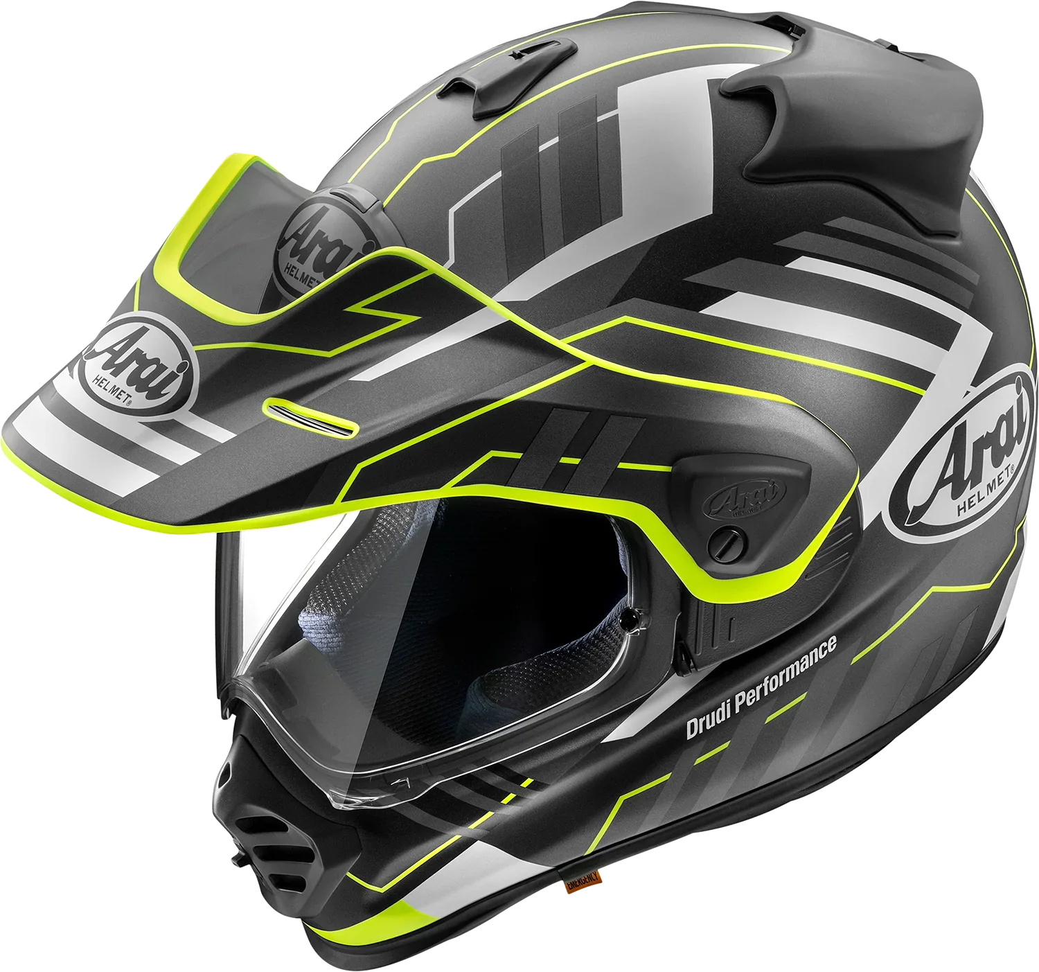 Arai Drudi Performance motorcycle helmet with neon yellow accents and clear visor