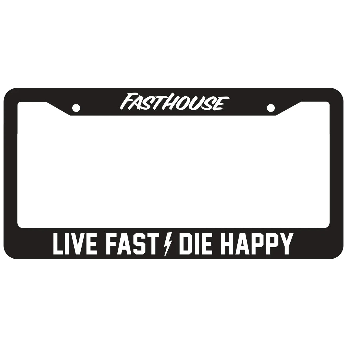 Black license plate frame with 'Fasthouse' and 'Live Fast Die Happy' text on a white background